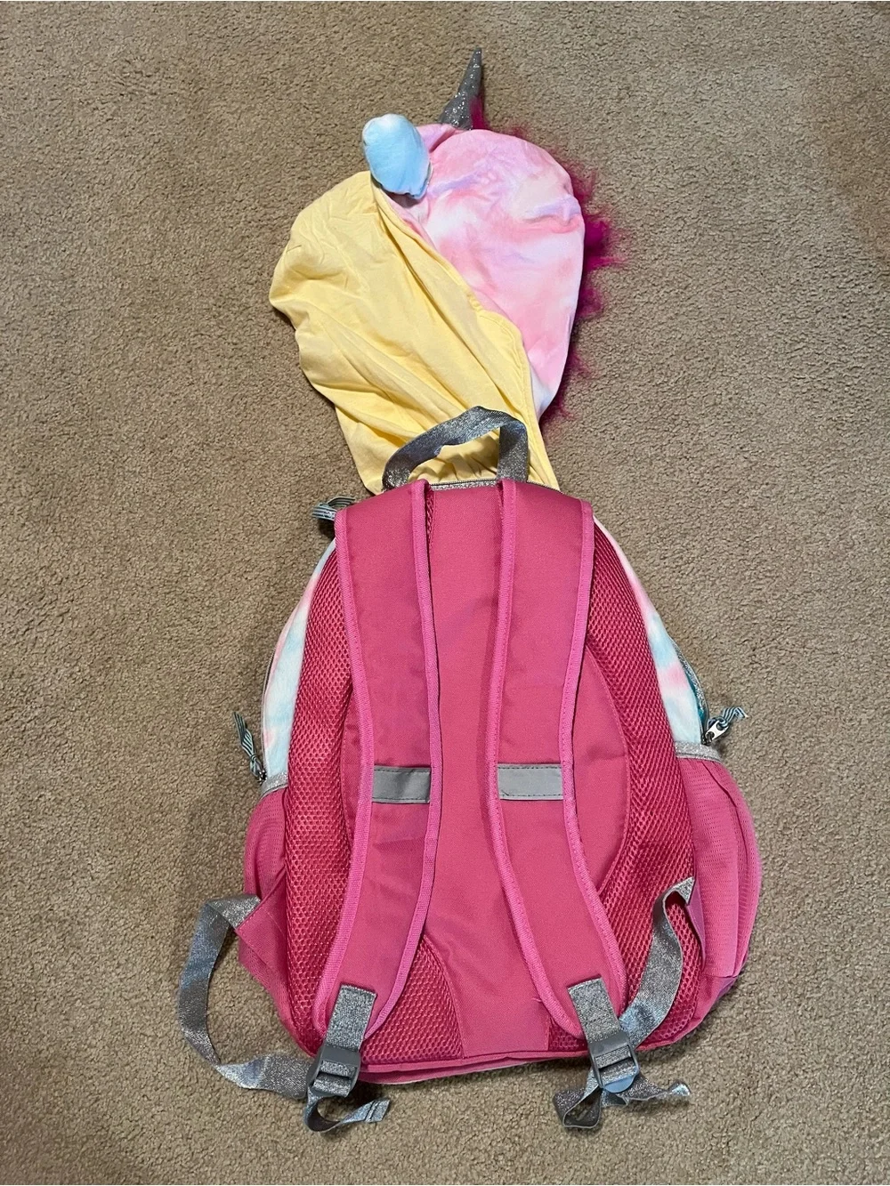 Unicorn Hoodie Tie-Dye Backpack with Pink Mane. Like New. Measurements in photos